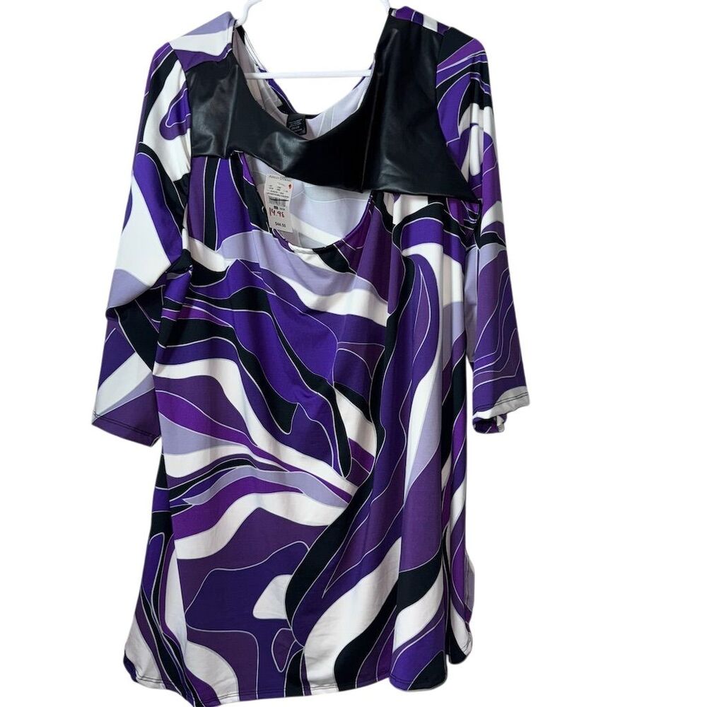 Ashley Stewart Purple Abstract Faux Leather Trim Tunic Top 26/28 LSPUABSTRA‎